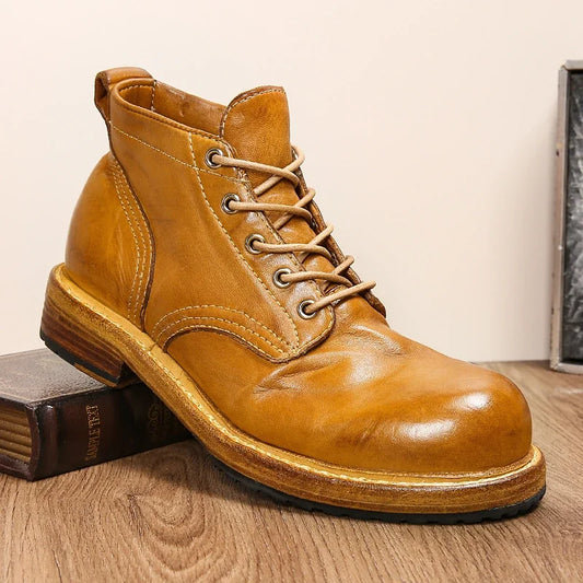 Men's Genuine Leather Goodyear-Boots Retro Work Dress Shoes Washed Horse Leather Casual Men's Shoes