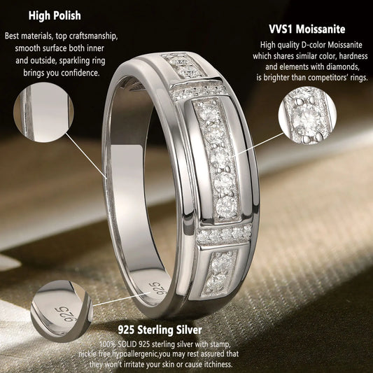 Newshe Elegant Men's Moissanite Rings GRA Certified Wedding Band 925 Sterling Silver Half Eternity Round Engagement Ring