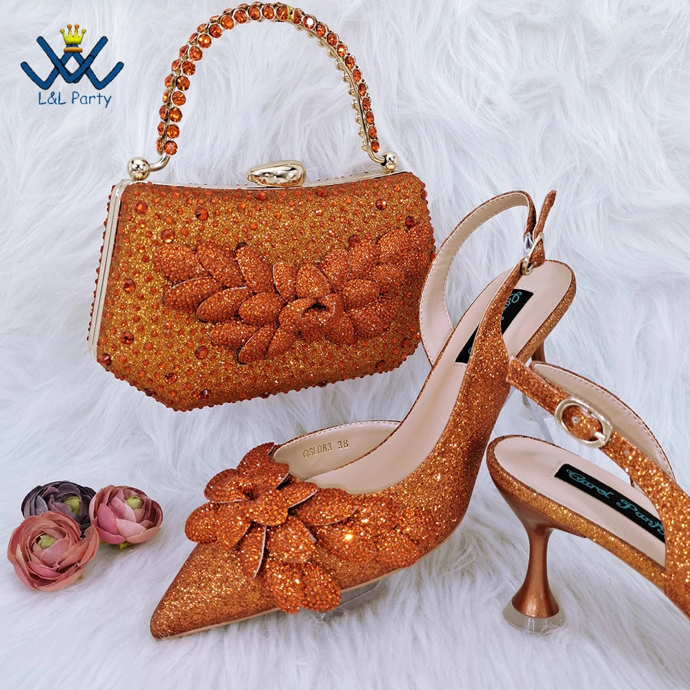 Pointed Toe High Quality in Silver Color Novelty Style Italian Design Shoes Matching Bag Set with Appliques for Wedding