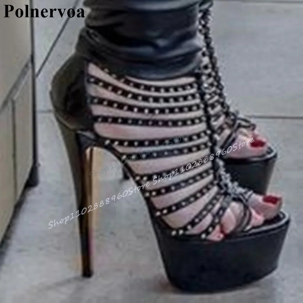 Stylish Black Platform Strappy Rivet Sandals Thin High Heel Women Shoes Back Zipper Open Toe 2025 Fashion Zapatos Para Mujere