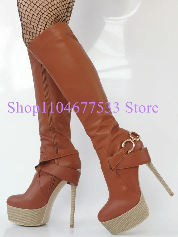 Brown Color Leather Platform Lady Long Boots Fashion Stiletto Heel Knee High Boots Woman Large Size Banquet Shoes