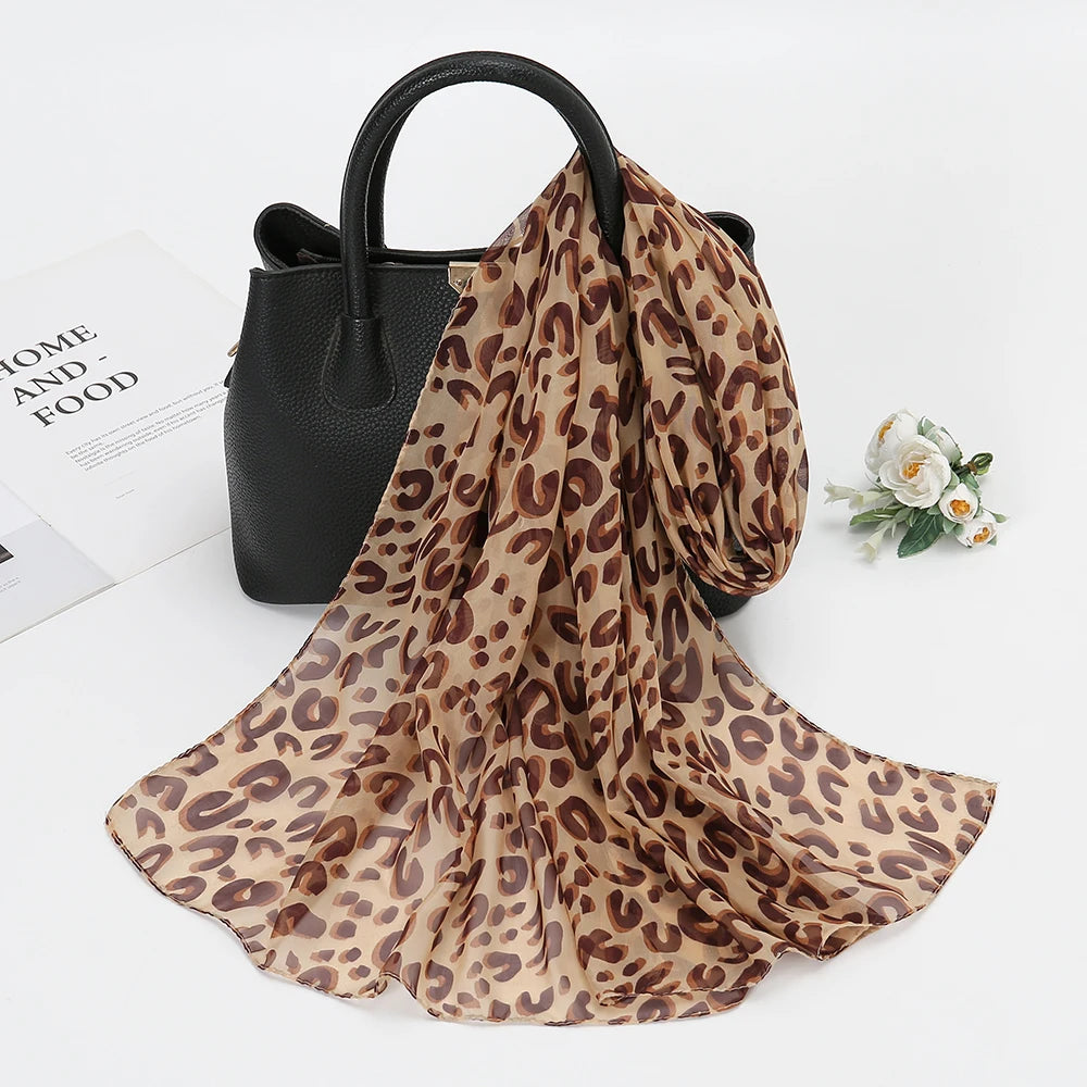 Leopard Print Chiffon Scarf Shawl Women Sunscreen Silk Scarf Turban Long Wrap Beach Travel Outdoor Accessories Trendy Headband