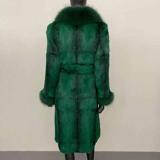 2024 New Autumn Winter Thickened Fur Coat for Women Rabbit Fur One-piece Long Style Real Fox Fur Collar Fashion Warm Coat Women