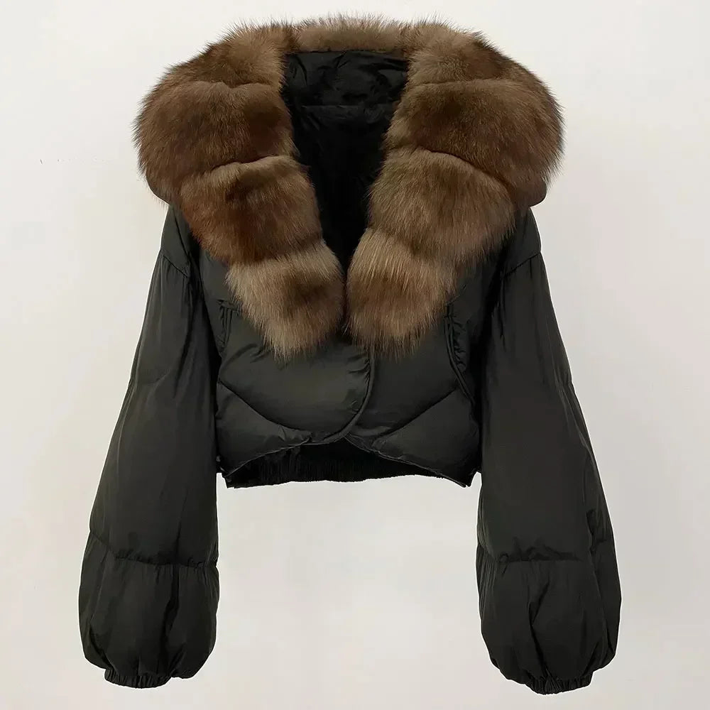 Winter Female White Duck Down Jacket Luxury Loose Short Fashion Casual Women Warm Real Fox Fur Coat Long Sleeve Puffer Jacket