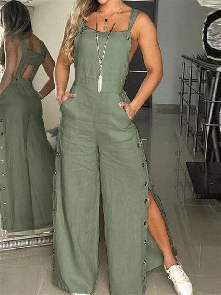 Wmstar Jumpsuit Women Clothing Slip Sleeve Romper Button Side Slip Hem New in Fall Fashion Pockets Pants Wholesale Dropshipping