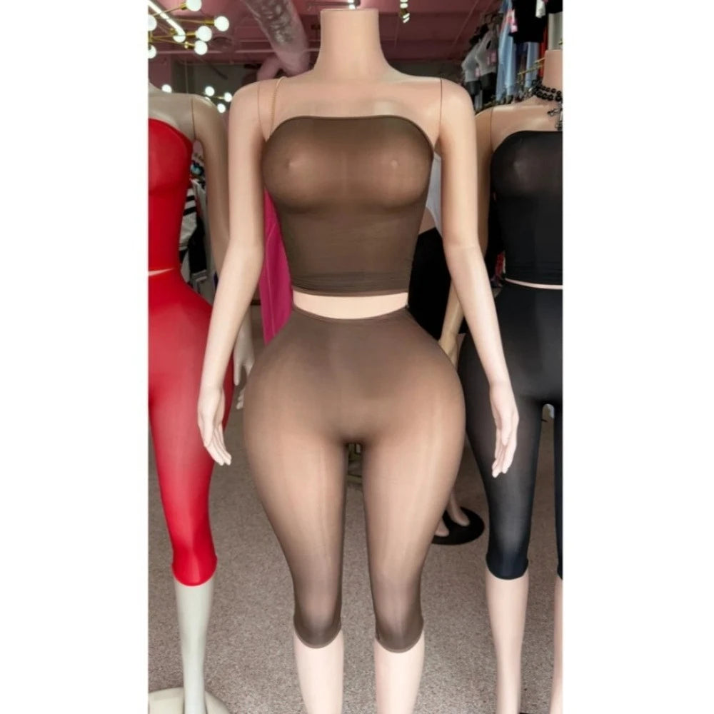 FLARORA Sexy Mesh See Through 2 Piece Sets Woman Strapless Sleeveless Crop Tops And Skinny Capri Pants Midnight Party Club Suits