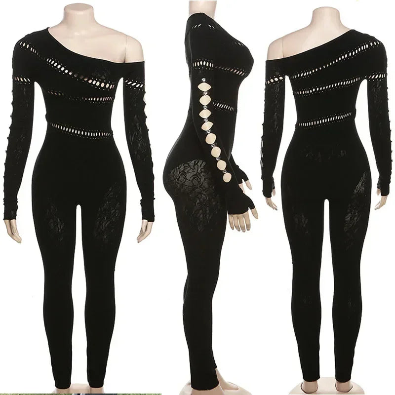 Black Night Party Lace Jumpsuits Woman Long Sleeve Skew Collar Hollow Out Patchwork Skinny One Pieces Rompers Womens Jumpsuit