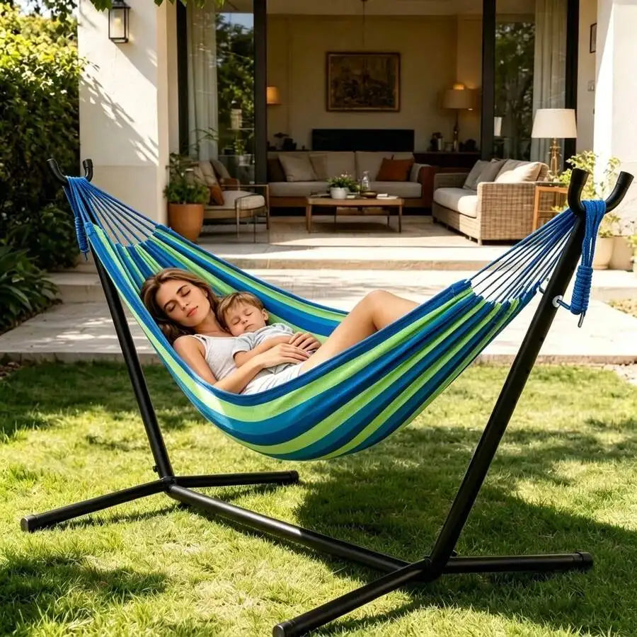 Camping 2-Person Hammock 600LBS, Portable Steel Stand Set For Outdoor Lawn Terrace, Blue & Black Stripe