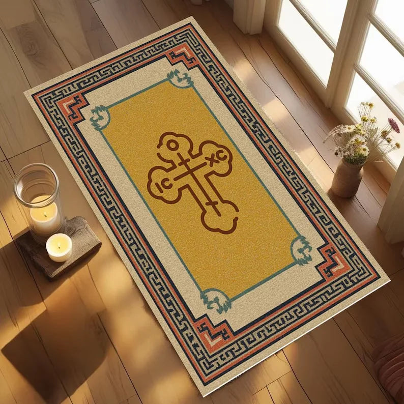 Classical Greek Key Orthodox Cross Area Rug | Christian Prayer Mat Rugs for Bedroom Home Carpets Bedroom Decor Area Rug