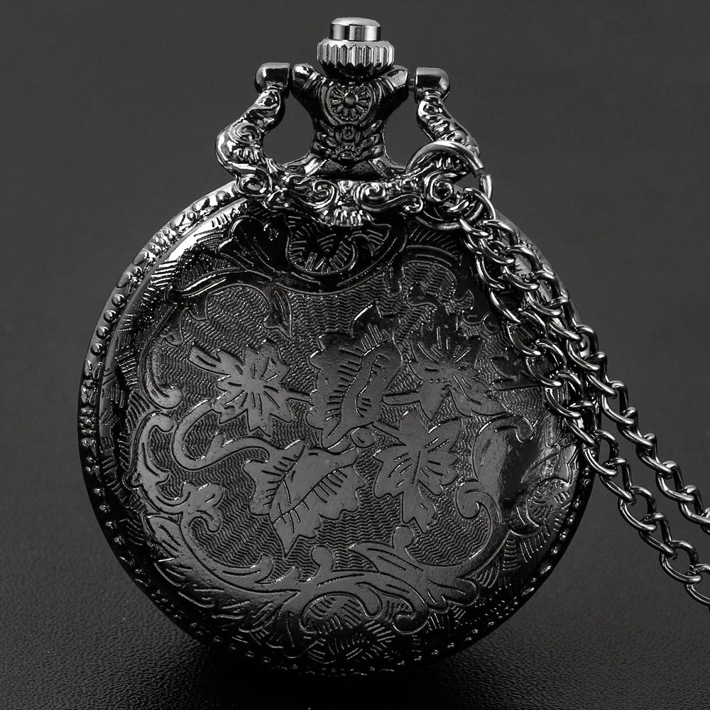 Tree of Life Pattern Sketch Ink Painting Dial Pocket Watch All Black Vintage Necklace Chain Quartz fob Clock reloj