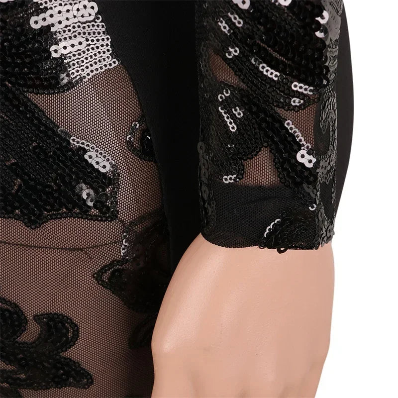 Sparkly Party Night Sequin Jumpsuit Women Overalls Long Sleeve Mesh See Through Patchwork Bodycon Rompers and Jumpsuits Clubwear