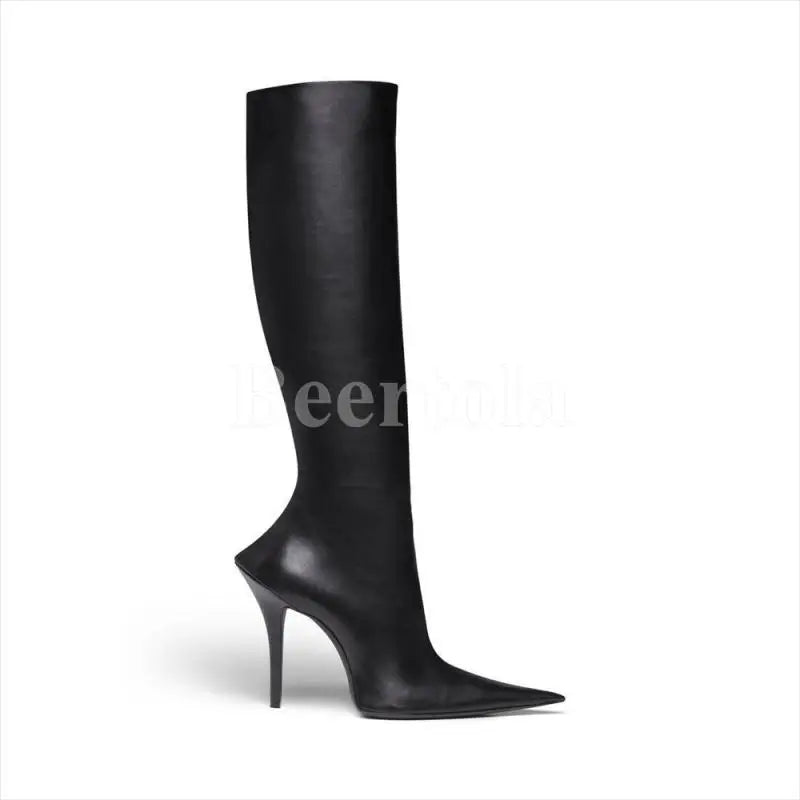 Black Leather Pointed Toe Ankle Boots Woman High Heels Stiletto Side Shaped Zipper Knee-High Boots Lady Sexy Boots
