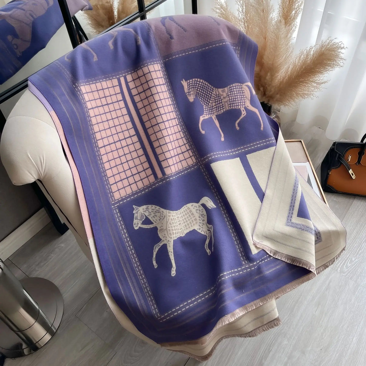 Autumn Winter Scarf Women Pashmina Shawls Horse Print Wraps Cashmere Blanket Warm Thick Chunky Stoles for Lady Outdoor Bufanda