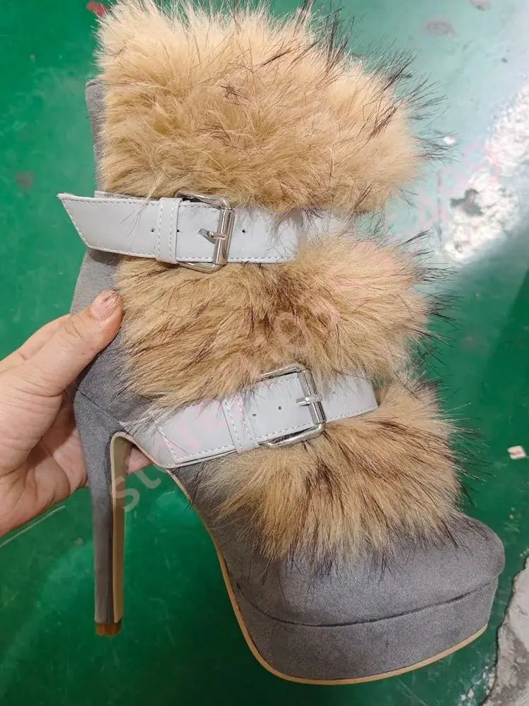 Winter Platform Belt Buckle Soft Fur Short Boots Fashion Show Party Casual Furry Boots New Sexy Women's Stiletto Warm Boots
