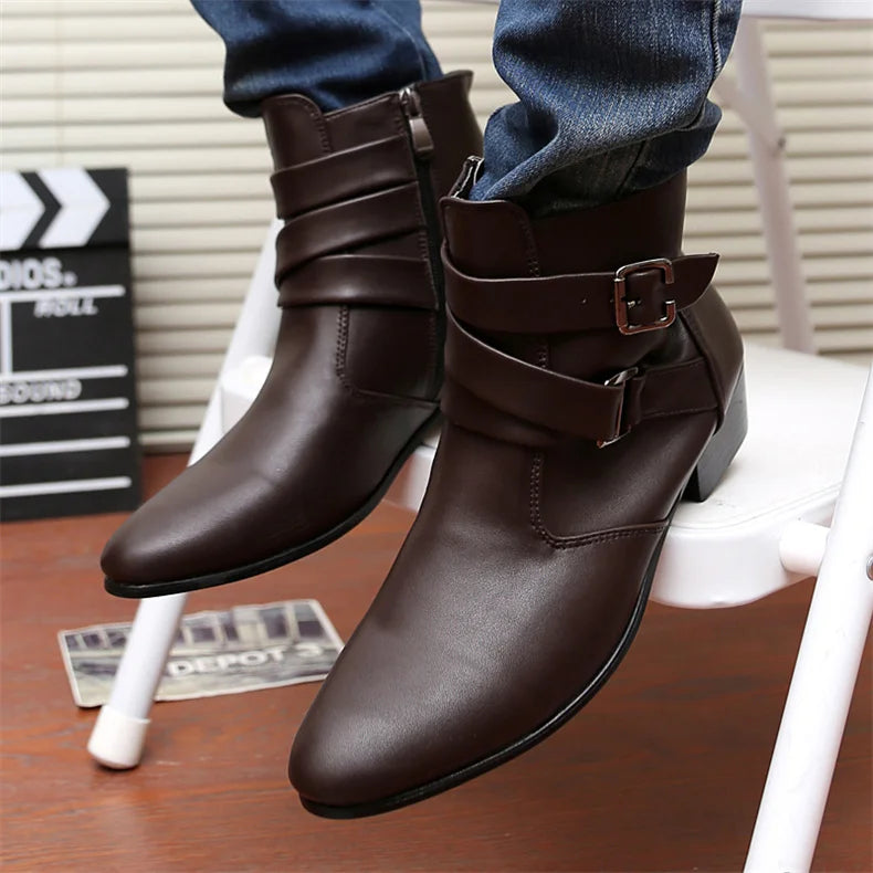 Leather Chelsea Boots Men Designer 2024 White Dress Boots Men Casual High top Buckle Strap Formal Shoes Men Motorcycle Boots