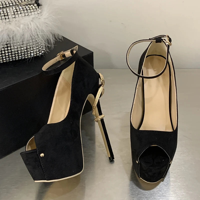 Liyke Sexy Metal Snake Shape Thin Heeled Sandals Women Peep Toe Buckle Strap Platform High Heels Party Stripper Shoes Size 35-42