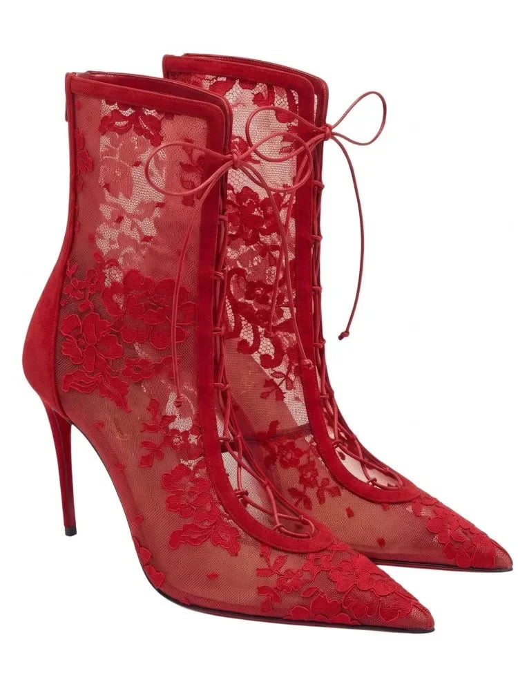 2026Spring and Summer Pointed Black Mesh Fine High Heels Knee Length Cool Boots Embroidered Lace Up Party Wedding Women's Boots