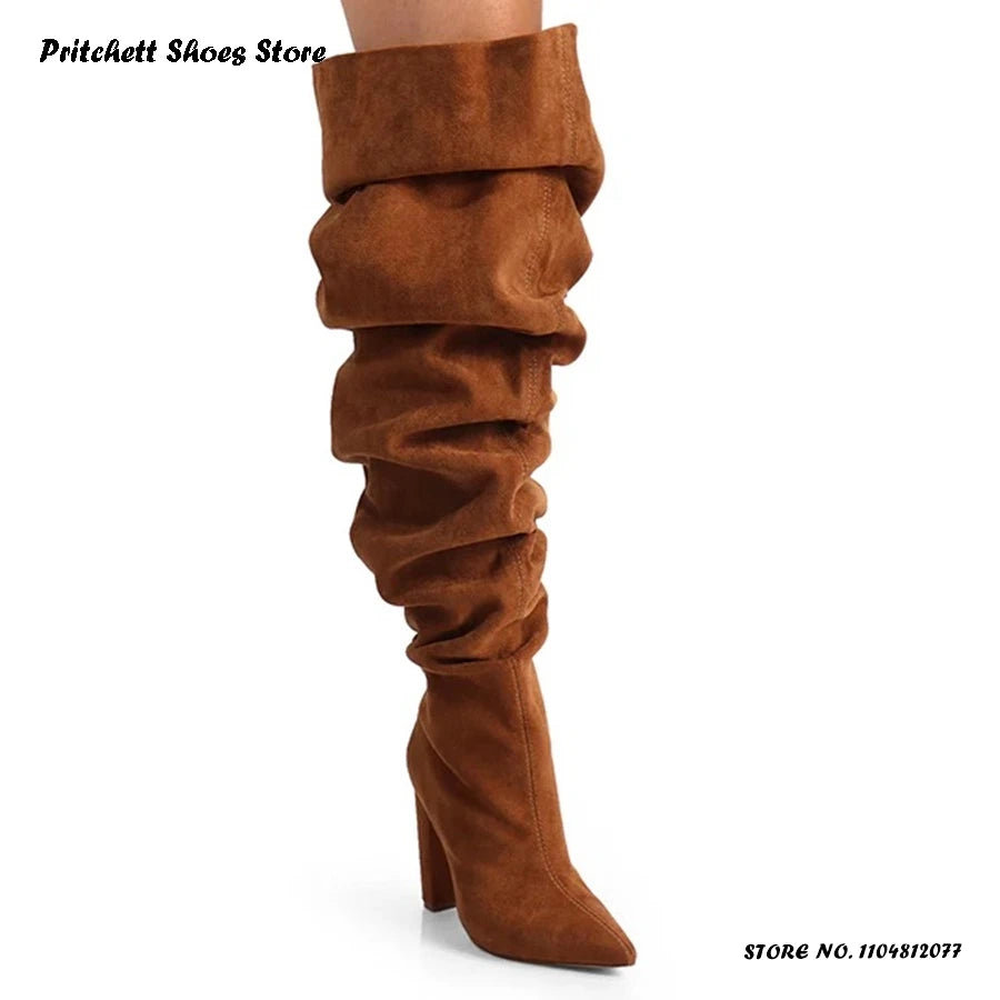 Camouflage Pleated Over-the-knee Boots Pointed Toe Chunky Heel Spring Summer Women's Shoes Street Style Pull On Thigh Boots