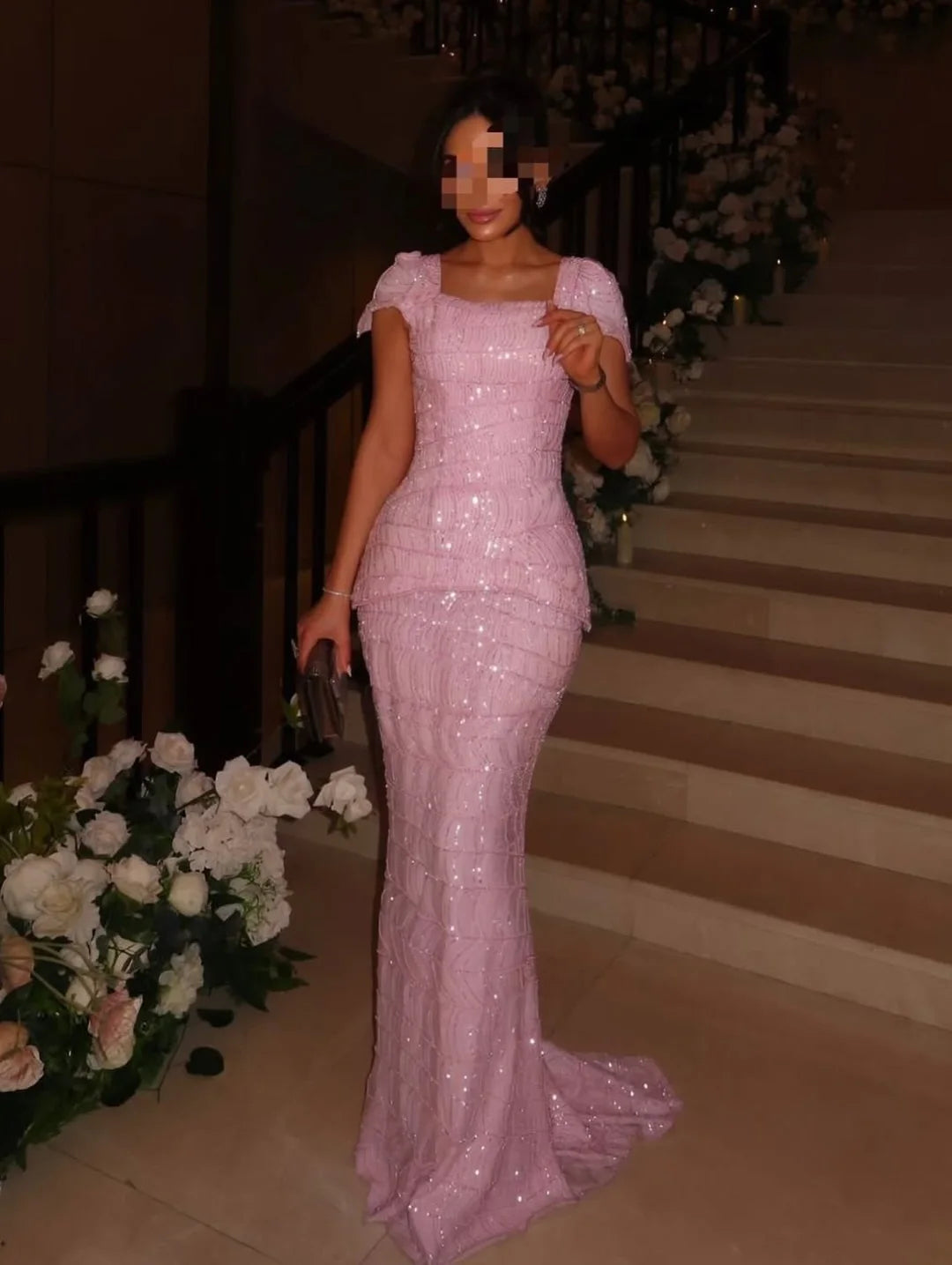 Aunber Sparkling Square Collar Modern Birthday Dress Sequins Beaded Lace Mermaid Women Party Dress Evening Prom Customized