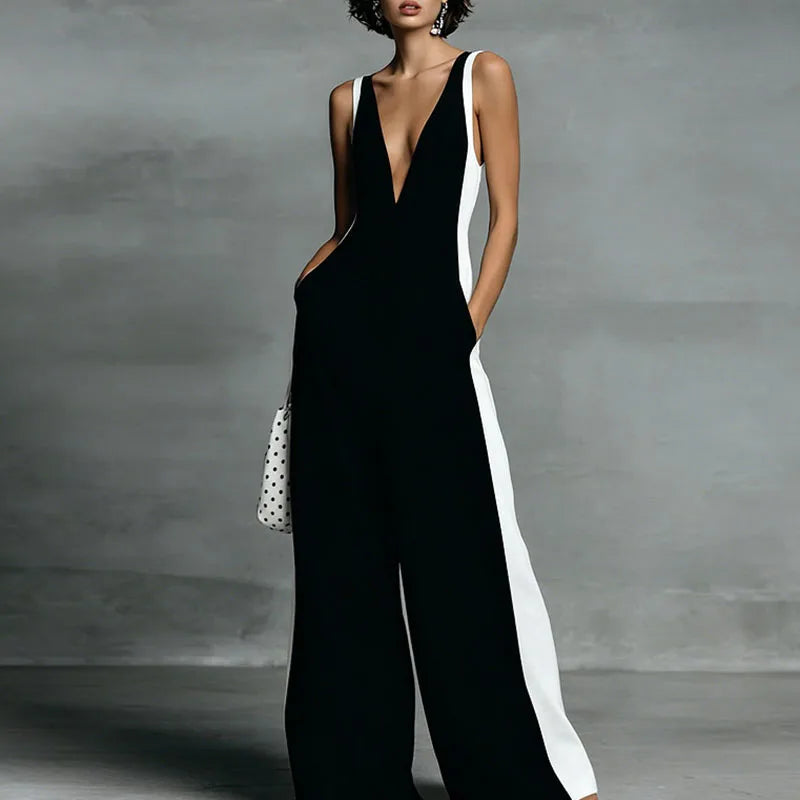 Spring Summer Sleeveless Straps Vacation Jumpsuit Woman Sexy Deep V Neck Hollow Rompers New Elegant Striped Print Beach Overalls