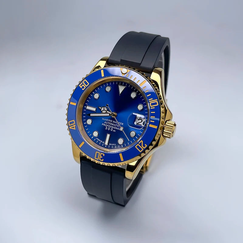 NH35 Automatic Watch Men 40MM Full Gold YM Ceramic Bezel Two-Way Rotating Sapphire Glass Luminous Luxury Rubber Strap for Man
