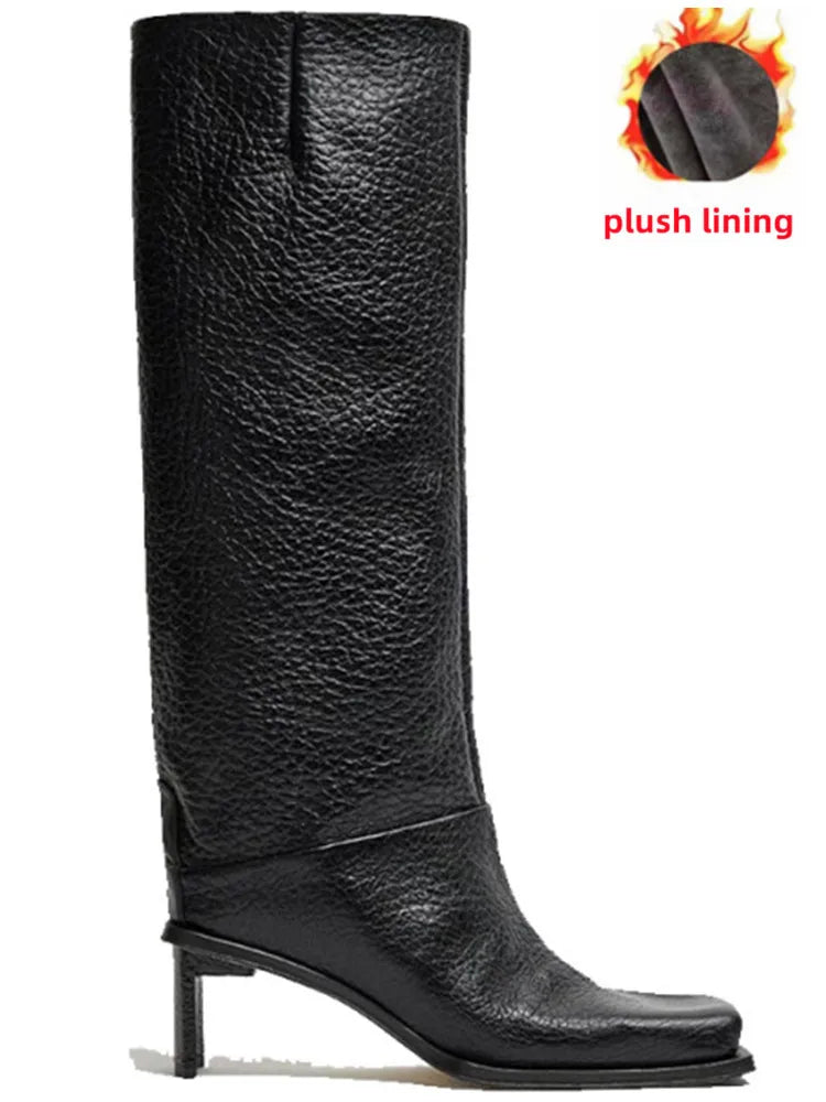 2026New Fashionable Square Head High Heels Women's Knee Length Boots with Side Zipper Stone Pattern Women's Mid Length Boots