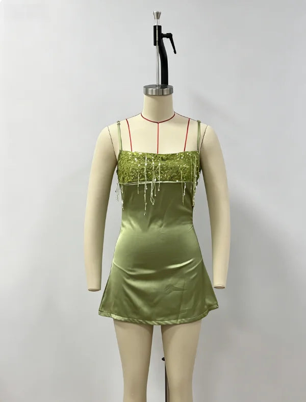Sequin Tassel Beach Mini Dress Women Satin Spaghetti Straps Square Neck Party Club Short Skirt 2026 NEW Summer Vacation Dresses