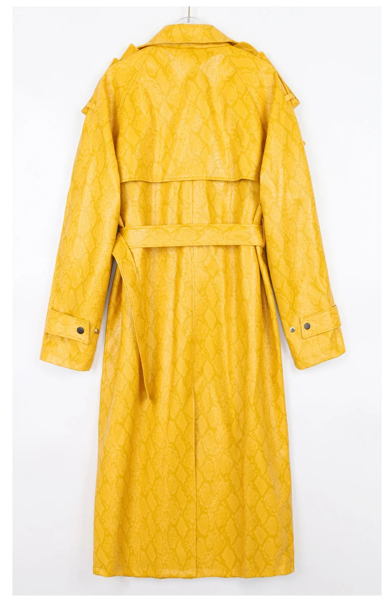 Nerazzurri Spring Autumn Long Oversized Colorful Snakeskin Print Patent Leather Trench Coat for Women Belt Runway Fashion 2022
