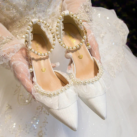 Elegant Pearl Weddings Bridal Pumps for Women 2026 Summer Silk Ankle Straps High Heels Shoes Woman Pointed Toe Dress White Shoes