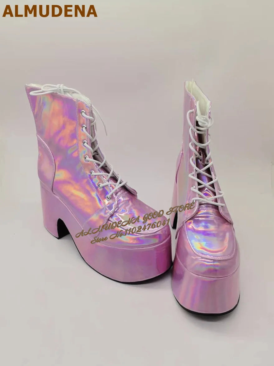 Hologram Purple Shiny Platform Ankle Boots Gothic Punk Lace Up Super Chunky Heel Short Booties Nightclub Dancing Shoes
