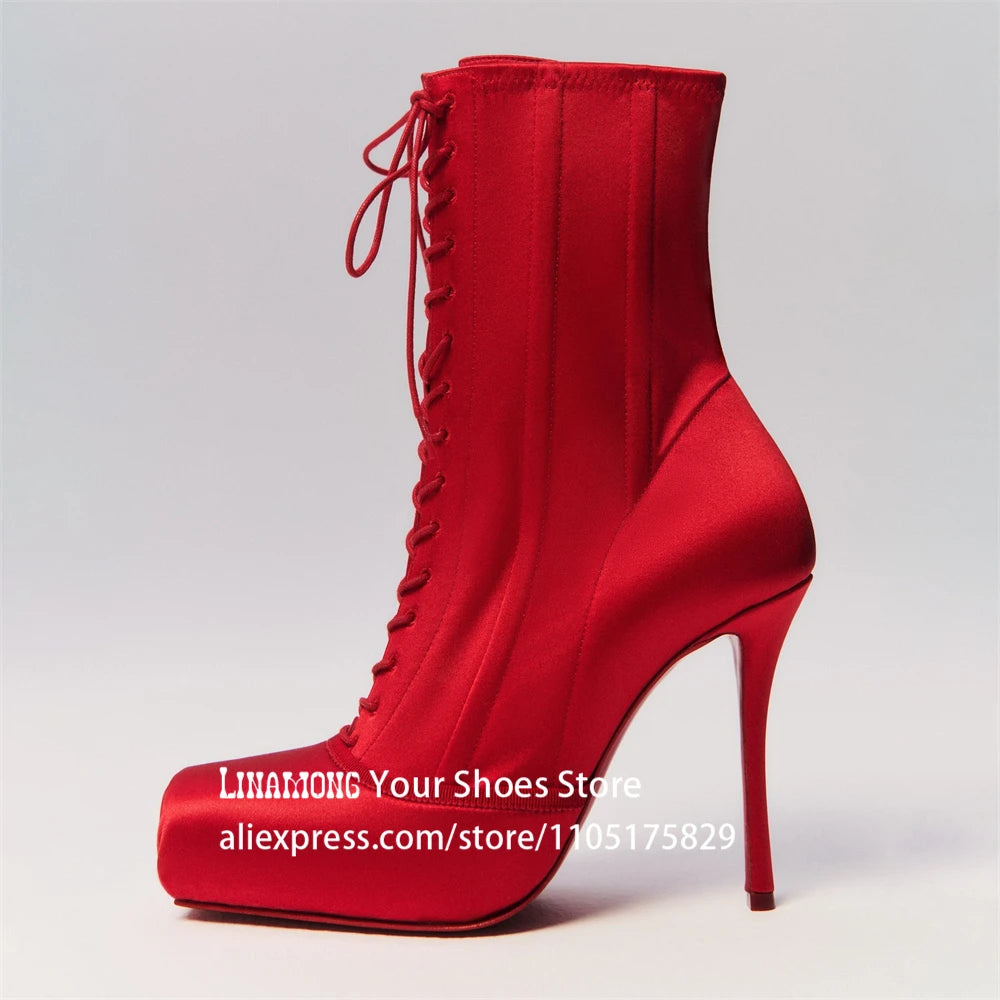Crepe Square Toe Booties Novelty Designer Ballerina Style Ankle Boots Elegant Women's Stiletto Boots Custom Satin Leather Boots