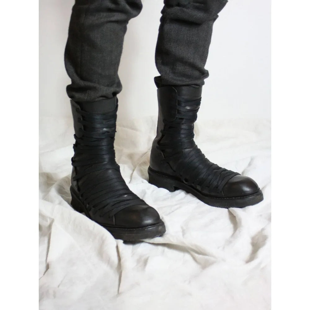Side Cross Tied Black Walking Boots Fashion Men's Mid-calf Knight Boots Flat Round Toe Solid Back Zipper Western Chelsae Boots