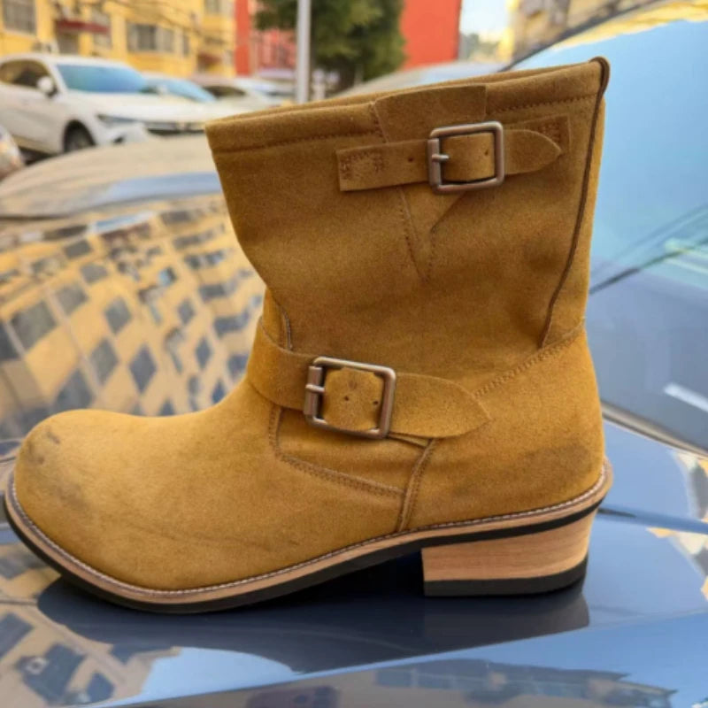 distressed Handmade Khaki Suede Work Boots Men's And Women's Engineer ort Boots American Retro Motorcycle Faded Mid-Calf shoes