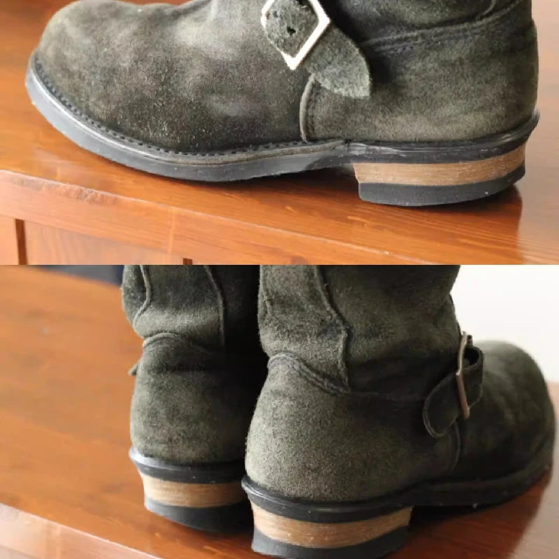 Hot Dark Green Handmade Vintage Khaki Suede Work Boots Men and Women Engineer Shoes American Retro Moto Faded Mid-Calf Boot