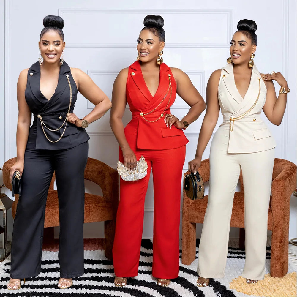 CMYAYA Elegant Womenv-neck High Waist Straight Sleeveless Blazer Jumpsuits 2024 Fall Street Chain Office Lady Party Rompers
