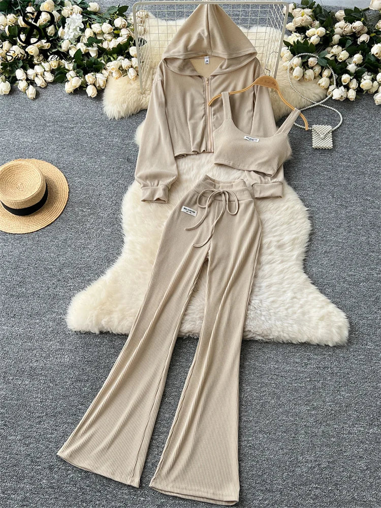 SINGREINY 2026 Autumn Sporty Suits Ladies Full Sleeves Hoodies+Sling Mini Camis+Drawstring Long Pants Casual Three Pieces Sets