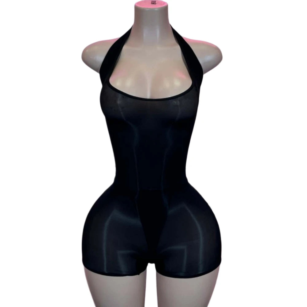 HLJ&GG Sexy Mesh See Though Halter Bodycon One Piece Rompers Women Sleeveless Backless Slim Jumpsuits Fashion Stretchy Overalls