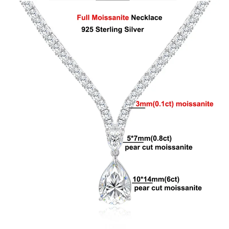 6Carat Pear Cut Full Moissanite Tennis Necklace for Women V-shape 3mm Round Cut Diamond S925 Silver WaterDrop Riviera Necklaces