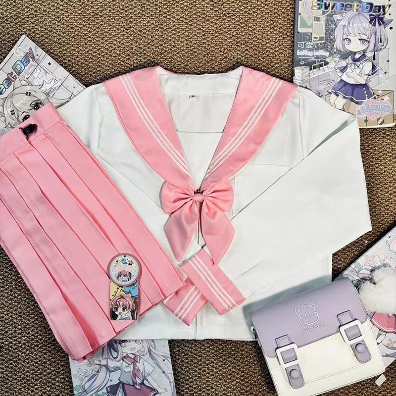New Japanese School Uniform Girl Jk Suit Sexy Spring and Autumn Navy Pink Tie Cosplay Sailor Uniform Middle School Clothing