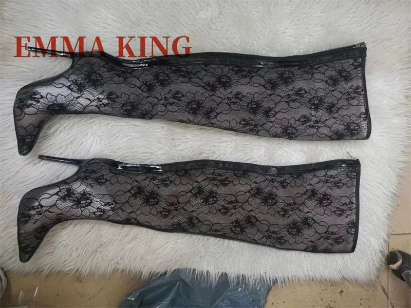 Spring Women Lace With PVC Thigh High Boots Sexy Pointed Toe Stiletto High Heels Transparent Over The Knee Boots Bigger Size 44