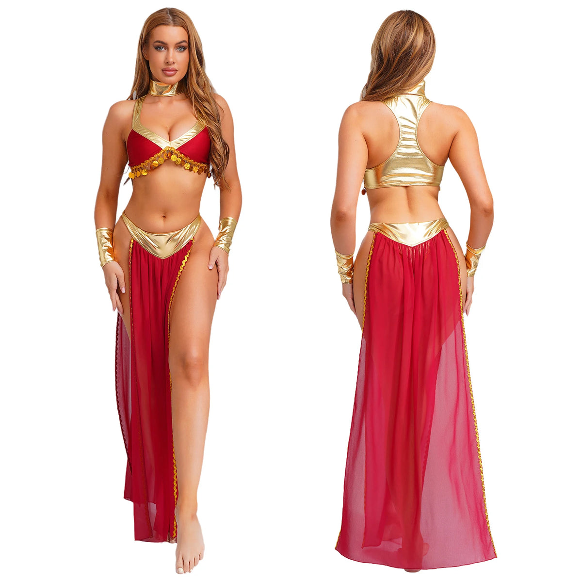 Women Ancient Egyptian Queen Cosplay Outfits with Collar Crop Top with Chiffon Skirt Metallic Shiny Indian Belly Dance