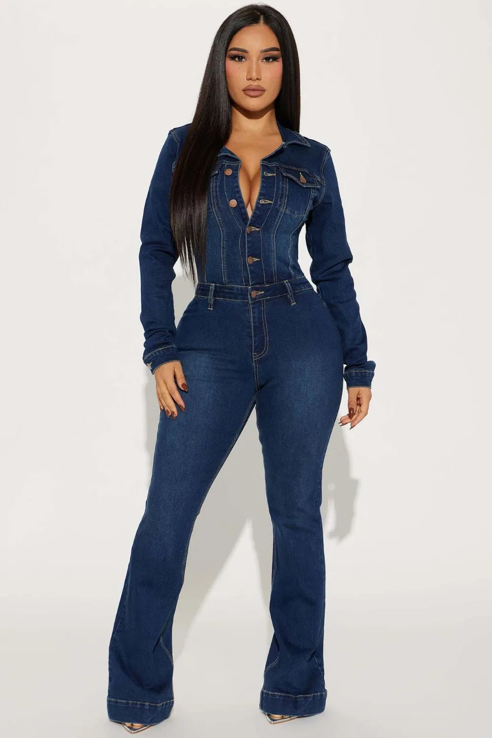 FAGADOER Fashion Denim Elastic Flared Pants Jumpsuits Women Turndown Collar Button Long Sleeve Playsuits Female Cowboy Overalls