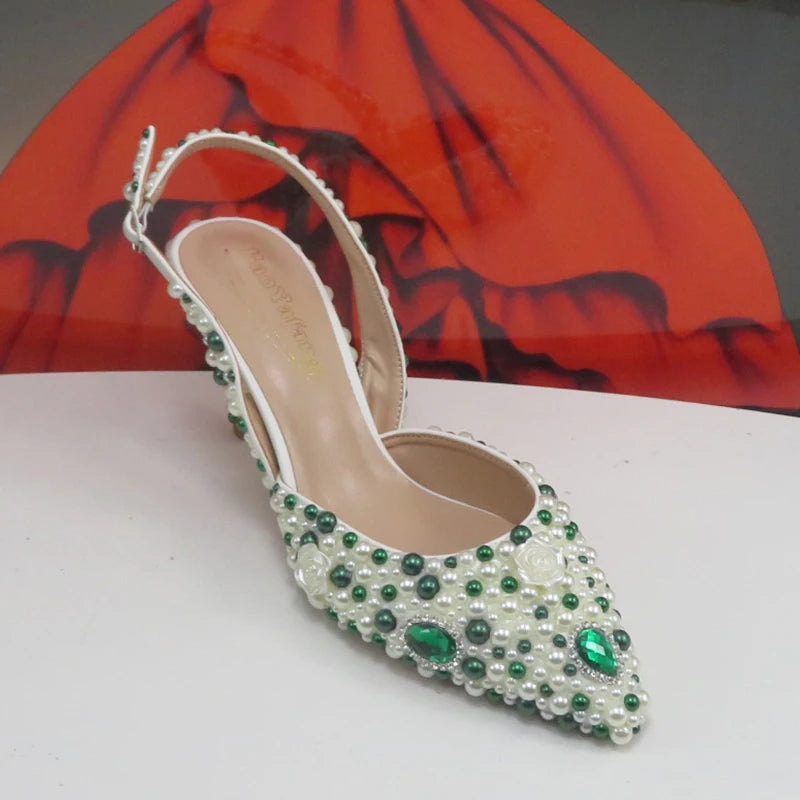 BaoYaFang Green Pointed Toe Pearl Bridal Wedding Shoes and Bag Thin Heel Slingbacks Female Ladies Party Shoe Shallow Women Shoes