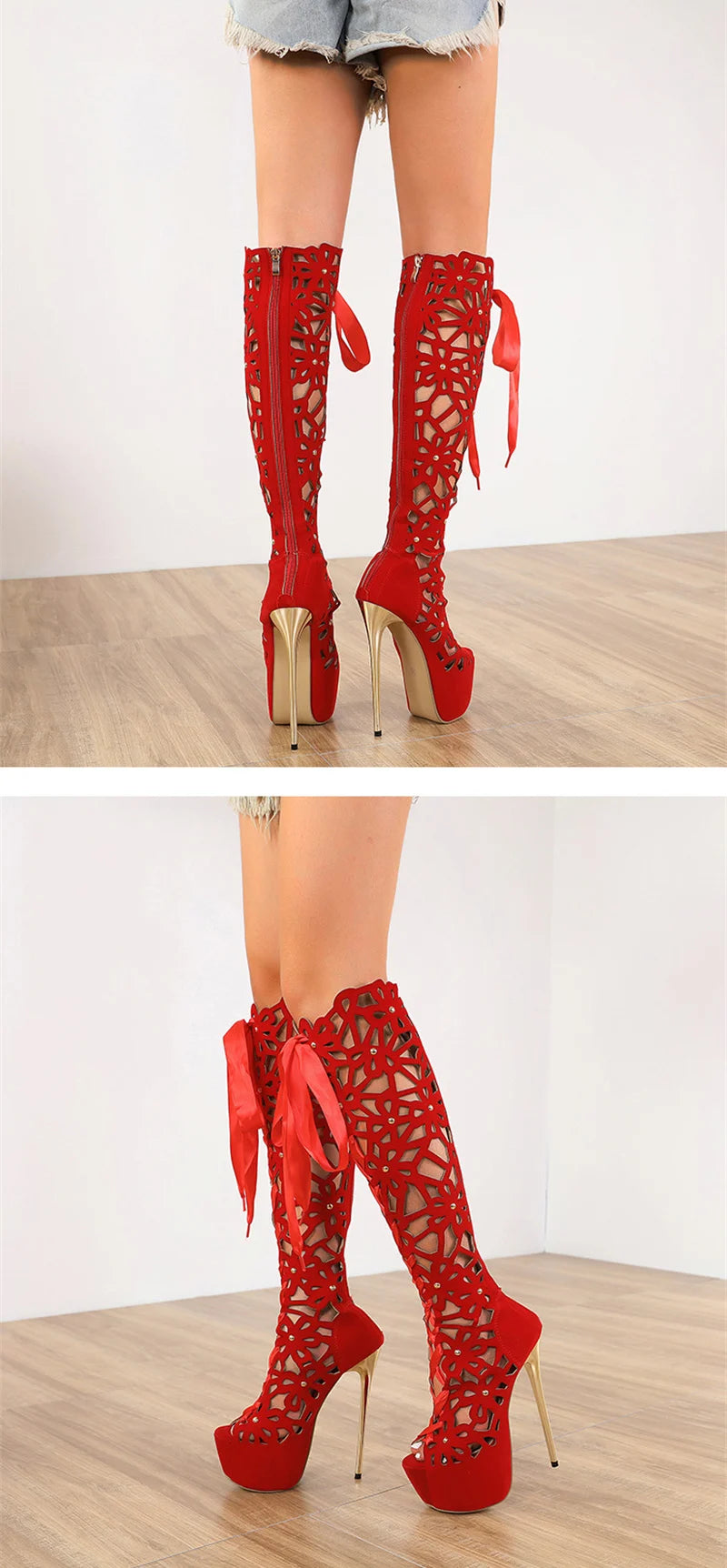 16CM Ultra Thin High Heels Sexy Nightclub Hollow Out Over The Knee Boots Women Peep Toe Lace-Up Zip Platform Shoes Sandals