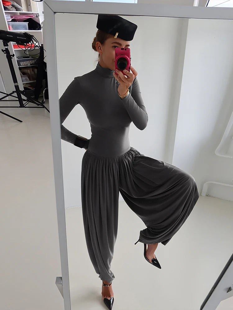 Whatiwear Casual Fashion Jumpsuits Woman Autumn Trend Turtleneck Full Sleeve Ruched Design Daily Simple Office Style Overalls