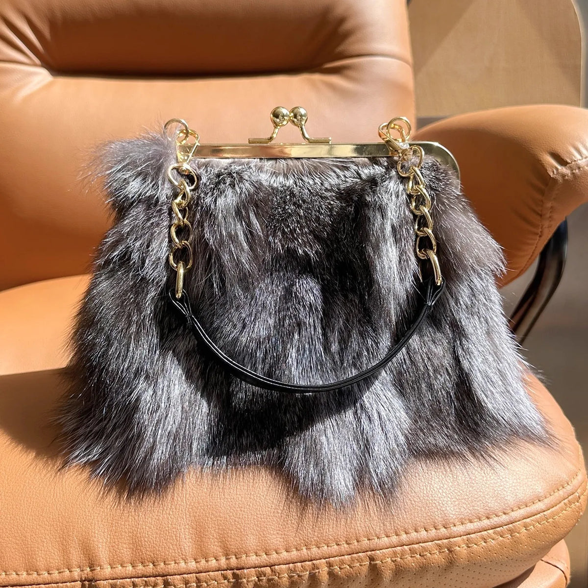 Real Fur Women Handbags Women Luxury Fox Fur Bag Fashion Female Furry Handbag Real Leather Evening Bag Natural Fur Shoulder Bag