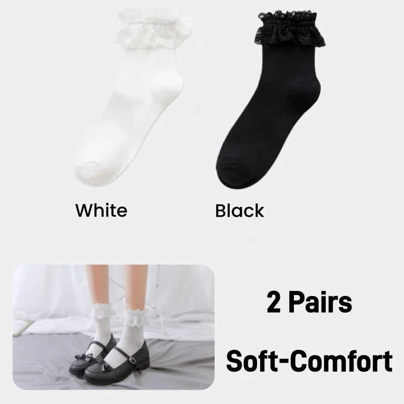 Women's Japanese Lolita JK Ankle Socks Kawaii Cotton with Lace Trim - Cute White/Black Crew Socks for Girls Cosplay Casual Wear