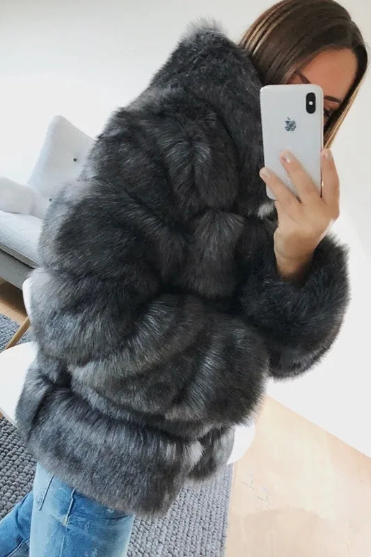 Fashion Winter Women Imitation Fox Fur Jacket Hooded Loose Long Sleeves Female Eco Fur Coat Patchwork Plush Thick Lady Fur Coat