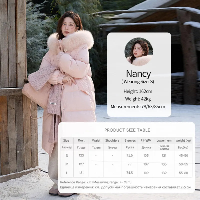 MISHOW Women's Long Down Coats 2025 Winter Fox Fur Collar 90% White Duck Down Down Jacket Warm Coat Large Pockets MXD112Y0070