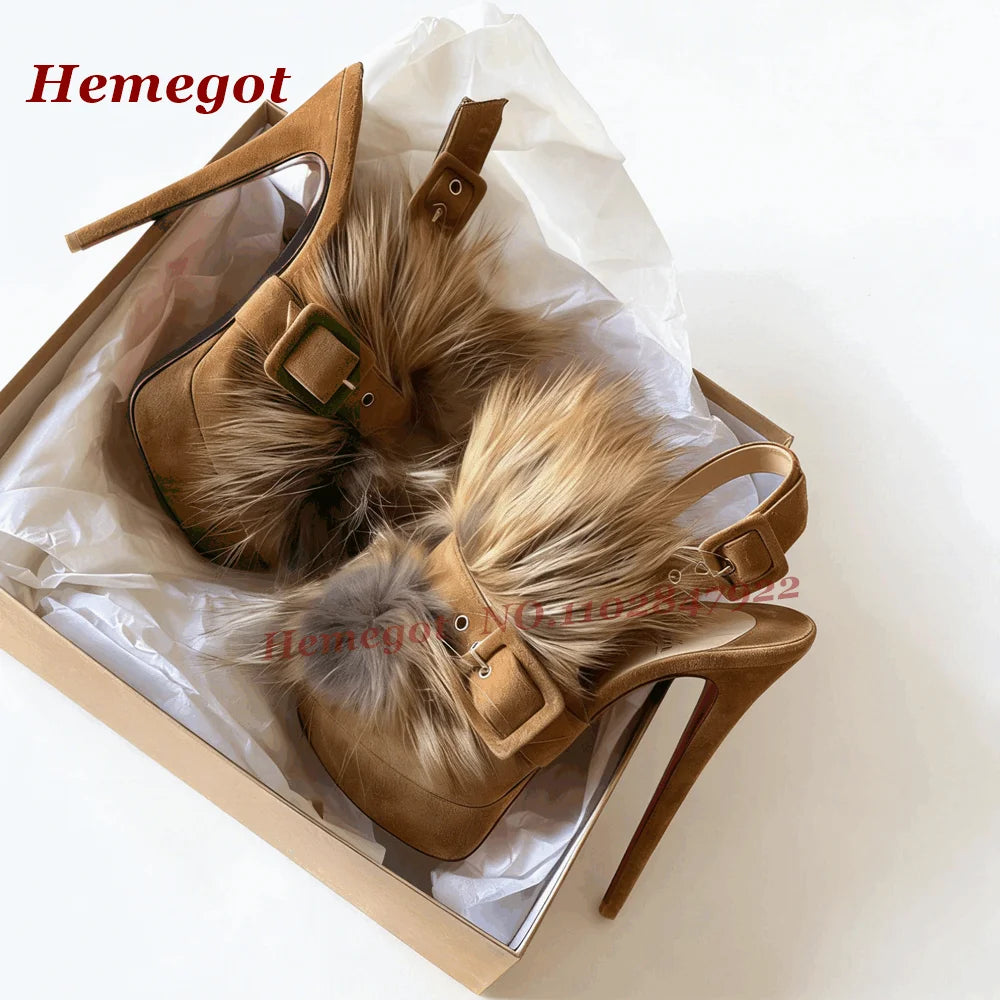 Fluffy Fur Platform Buckled Sandals Round Toe Stiletto High Heels Slingback Women's Sandals Side Air Autumn Suede Patchwork Shoe